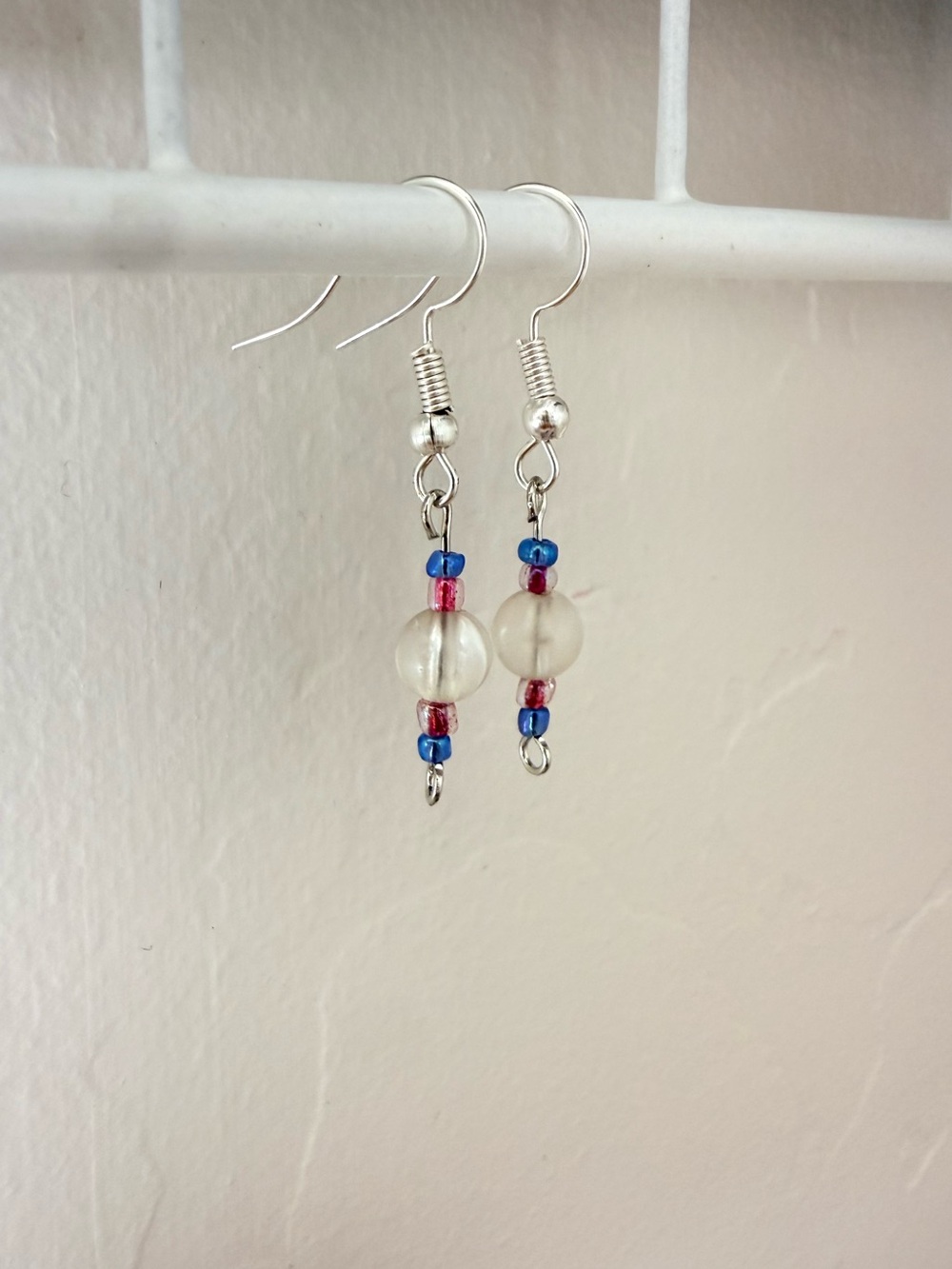 Handcrafted Dainty Elegant Blue Pink Clear Beads Drop Dangle Earrings